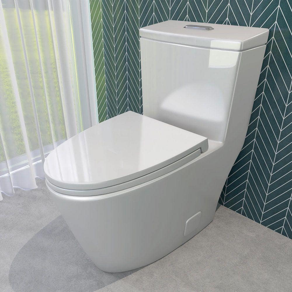 NTQ 1-Piece Toilet 1.1/1.6 GPF Water-Efficient Dual Flush Elongated 16 in. Toilet in White Soft Close Toilet Seat Included