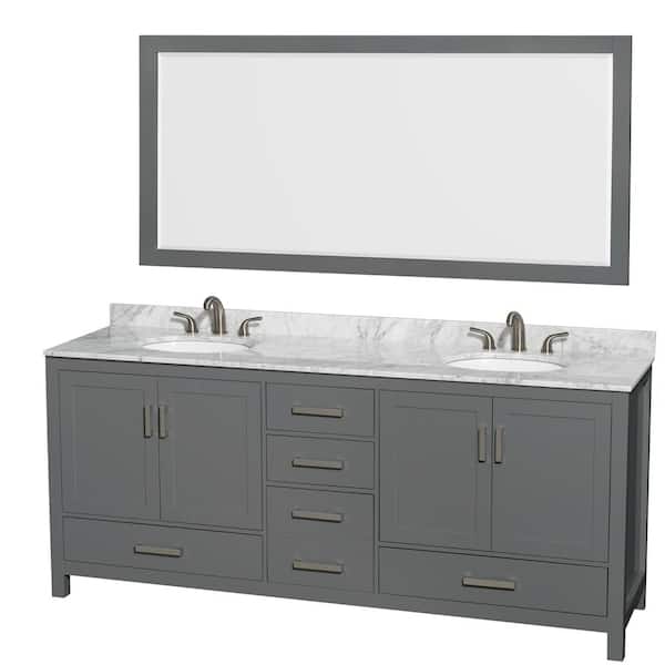 Wyndham Collection Sheffield 80 in. W x 22 in. D x 35 in. H Double Bath Vanity in Dark Gray with White Carrara Marble Top and 70" Mirror