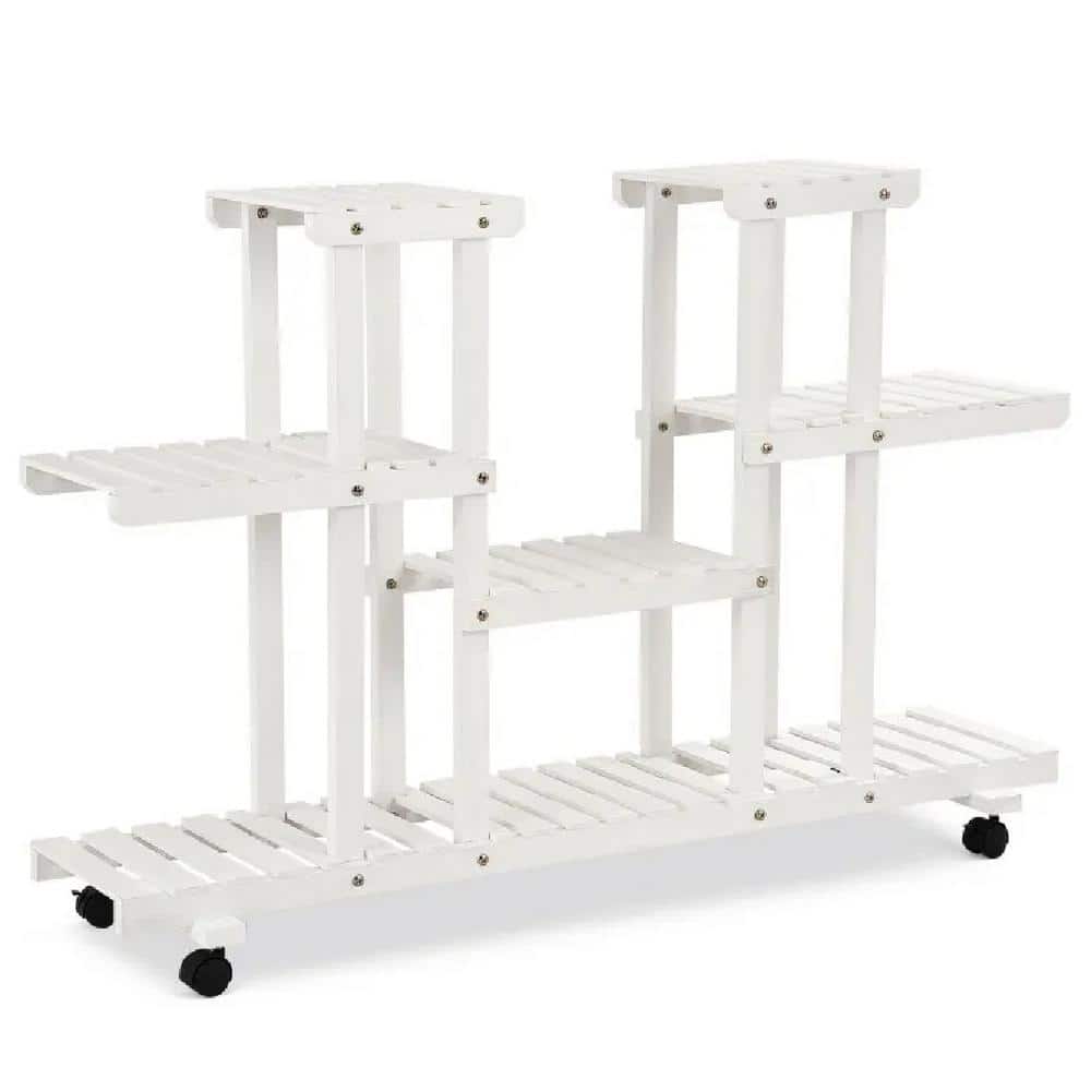 Outdoor Fir Wood 4-Tier Wood Casters Rolling Shelf Plant Stand For Flower P