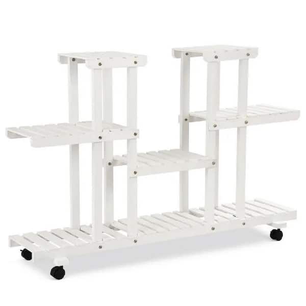 Cubilan Outdoor Fir Wood 4-Tier Wood Casters Rolling Shelf Plant Stand For Flower Plant 31.5 in. White Kits and Accessories