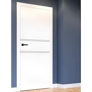 32 in. W x 80-82 in. H Solid Wood Solid Core White Door Black Accent Striping Black Handles Hinges Fits Pre-Existing
