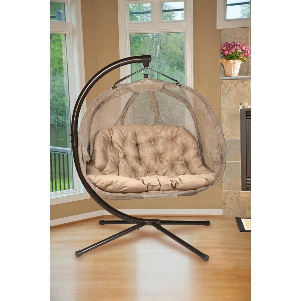 Bark Brown Hanging Pumpkin Chair with Cushions and Stand