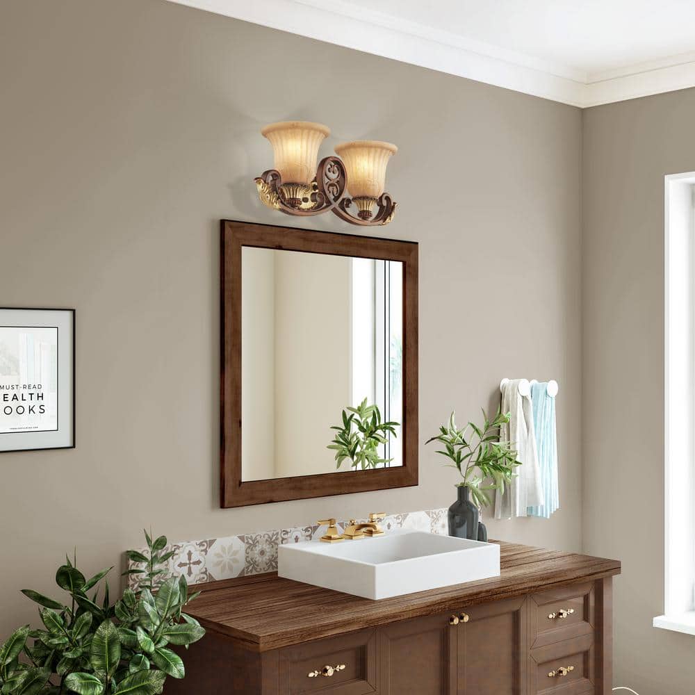 Verona Bronze & Aged Gold Leaf 2-Light Vanity with Rustic Art Glass