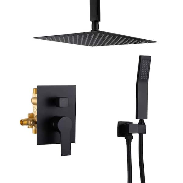 FLG Ceiling Mount Single-Handle 1-Spray Square Shower Faucet with 12 in. Shower Head in Matte Black (Valve Included)