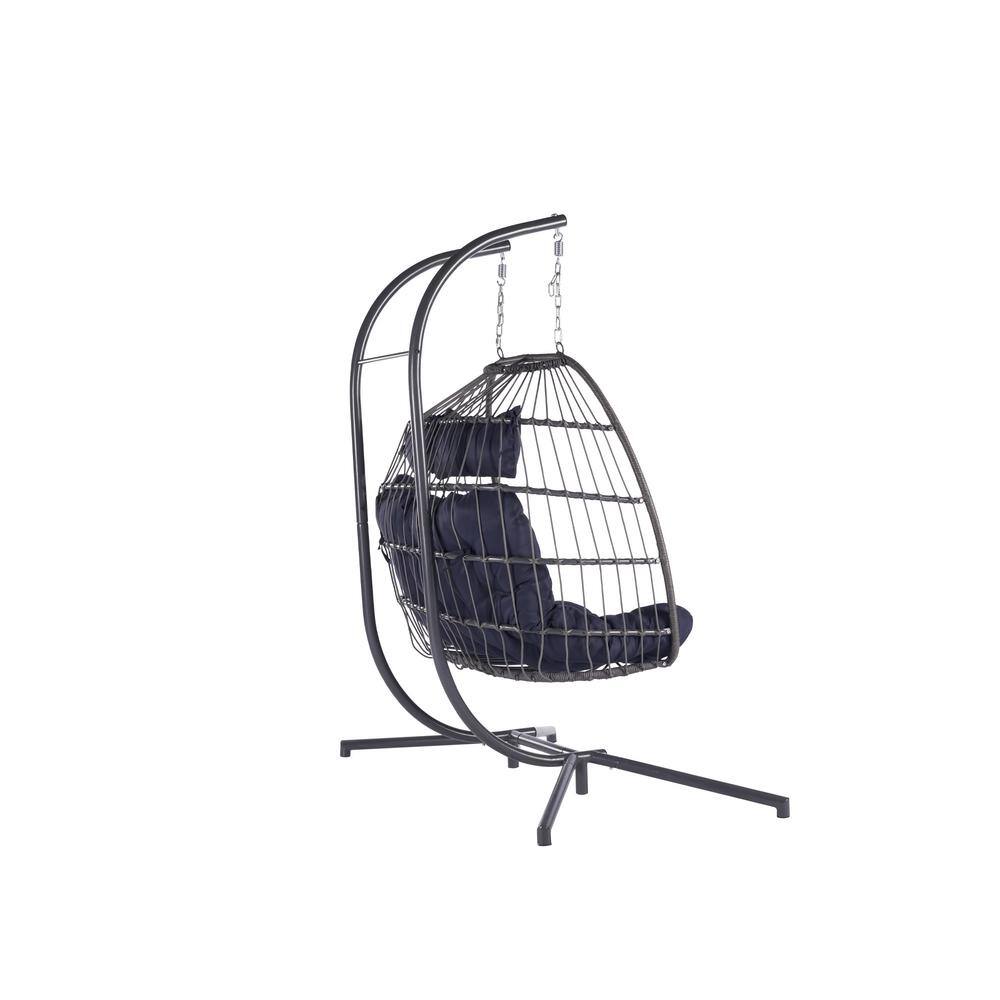 Cesicia 2 Person Gray Wicker Porch Egg Swing Chair with Dark Blue Cushion and Stand jinxSwing368