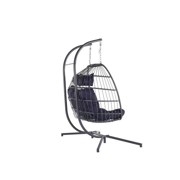 Cesicia 2 Person Gray Wicker Porch Egg Swing Chair with Dark Blue