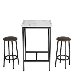 3-Piece Square Counter Height Table Bistro Dining Faux Marble Top White Table and 2-Faux Leather Stools Set