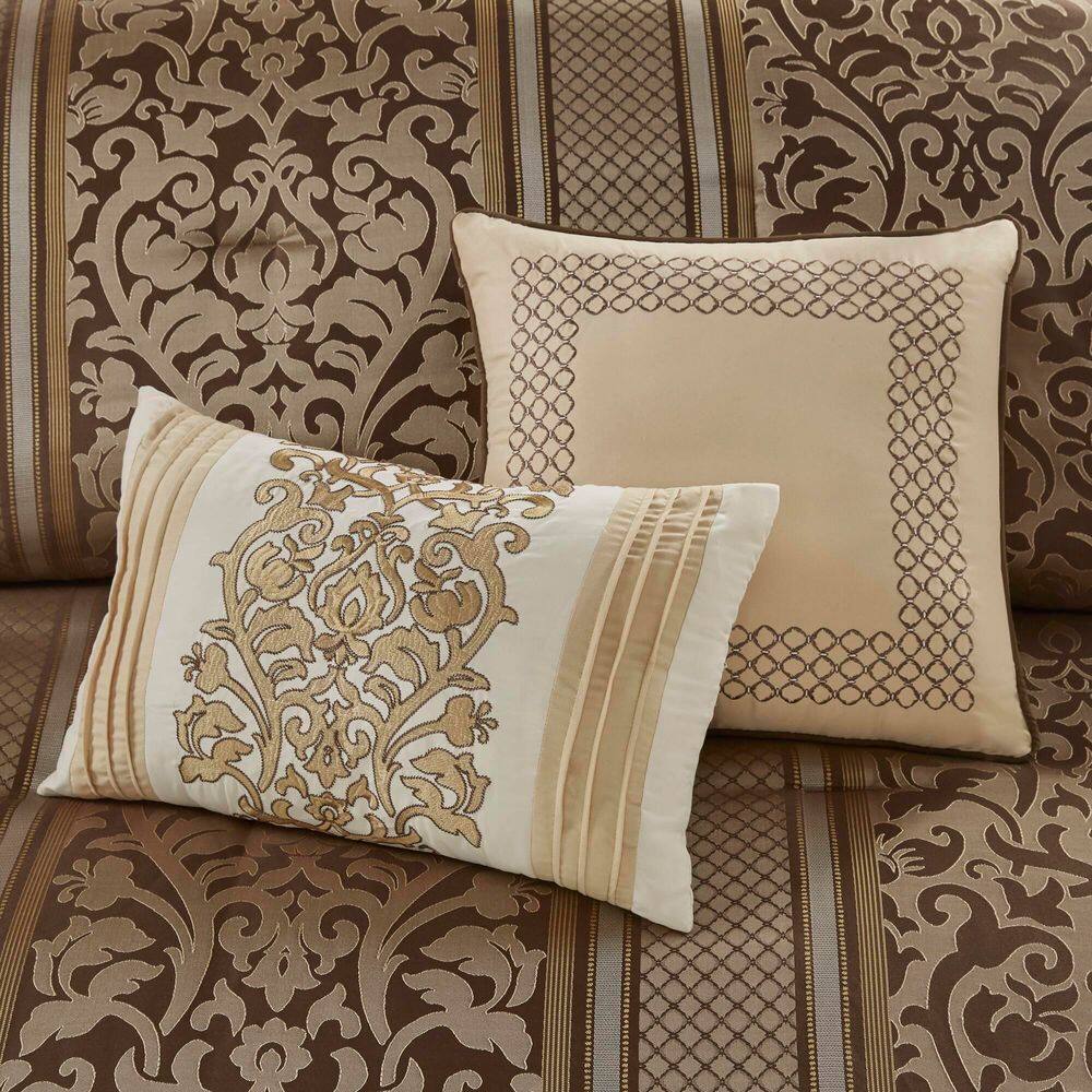 Full Brown Jacquard Microfiber Comforter Set with Throw Pillows