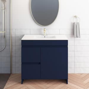 Mace 36 in. W x 18 in. D x 34 in. H Bath Vanity in Navy with White Ceramic Top and Left-Side Drawers