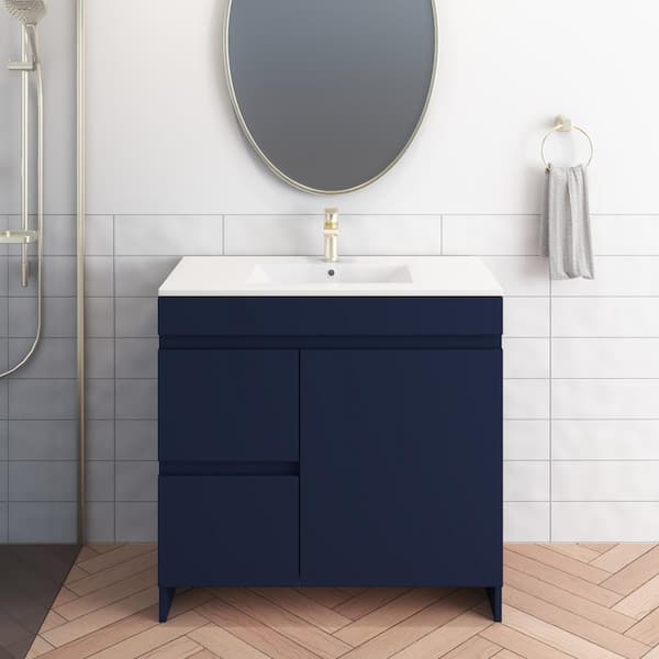 VOLPA USA AMERICAN CRAFTED VANITIES Mace 36 in. W x 18 in. D x 34 in. H Bath Vanity in Navy with White Ceramic Top and Left-Side Drawers