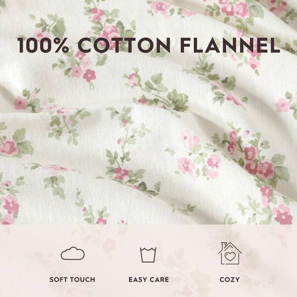 Laura Ashley Audrey 4-Piece Pink Floral Flannel Queen Sheet Set