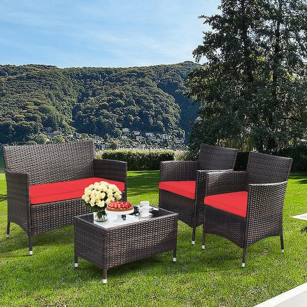 4-Piece Patio Rattan Conversation Furniture Set Outdoor with Red Cushion