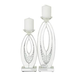 Silver Glass Pillar Candle Holder with Mirrored Accents and Crystals (Set of 2)