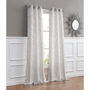 Priscilla Silver Linen Look Boho 3D Floral Textured Designed Semi Sheer Curtain Panel Pair 38"in.W x 84"in.L ( Set of 2)