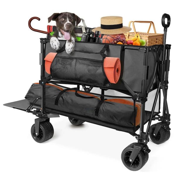 10 cu. ft. Black Metal Garden Cart Double Decker Wagon Cart with Wheels Foldable, 400 l Large Capacity Collapsible Wagon
