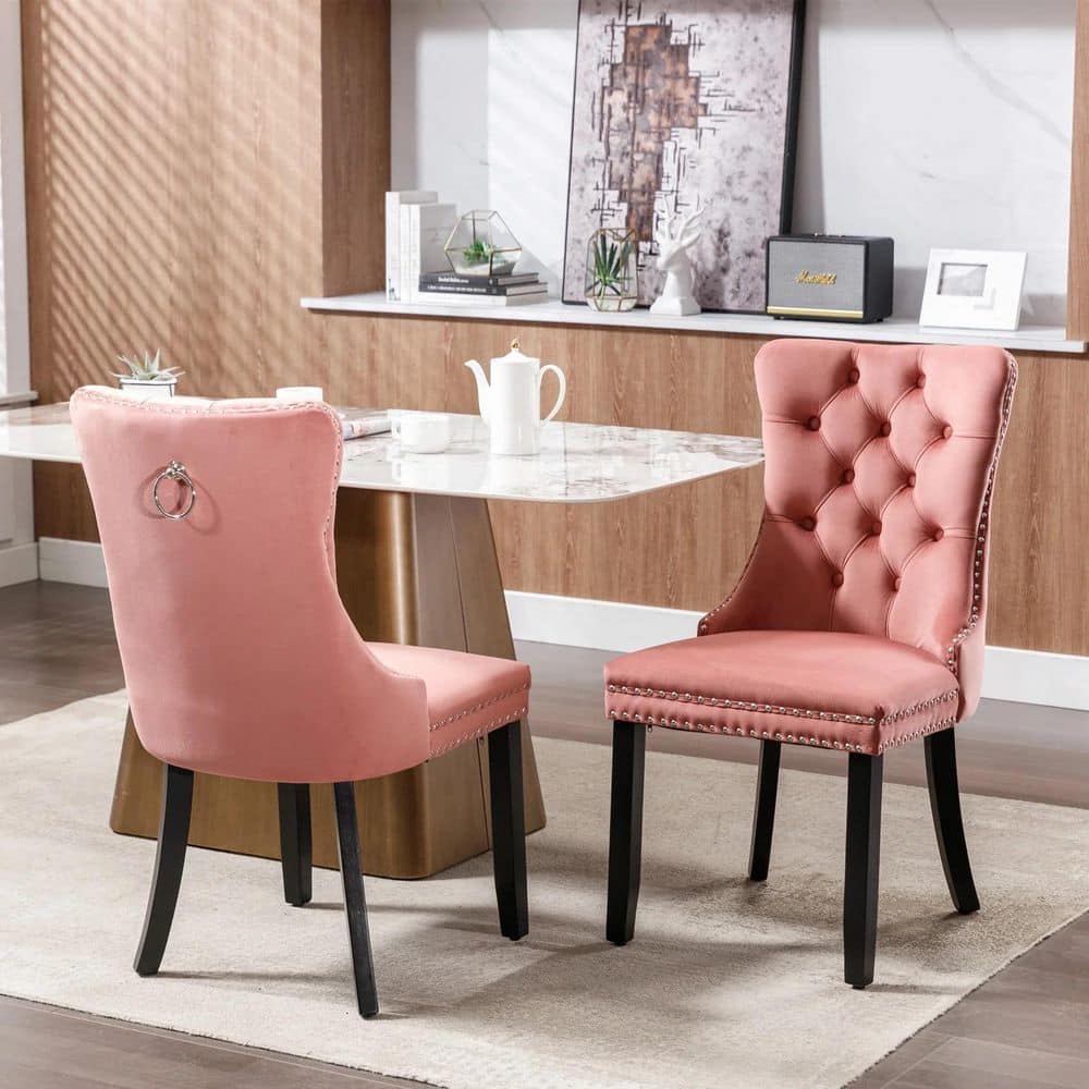 Pink Velvet Dining Chairs Set of 2 with Back Ring,Nailhead Trim,Solid Wood Legs