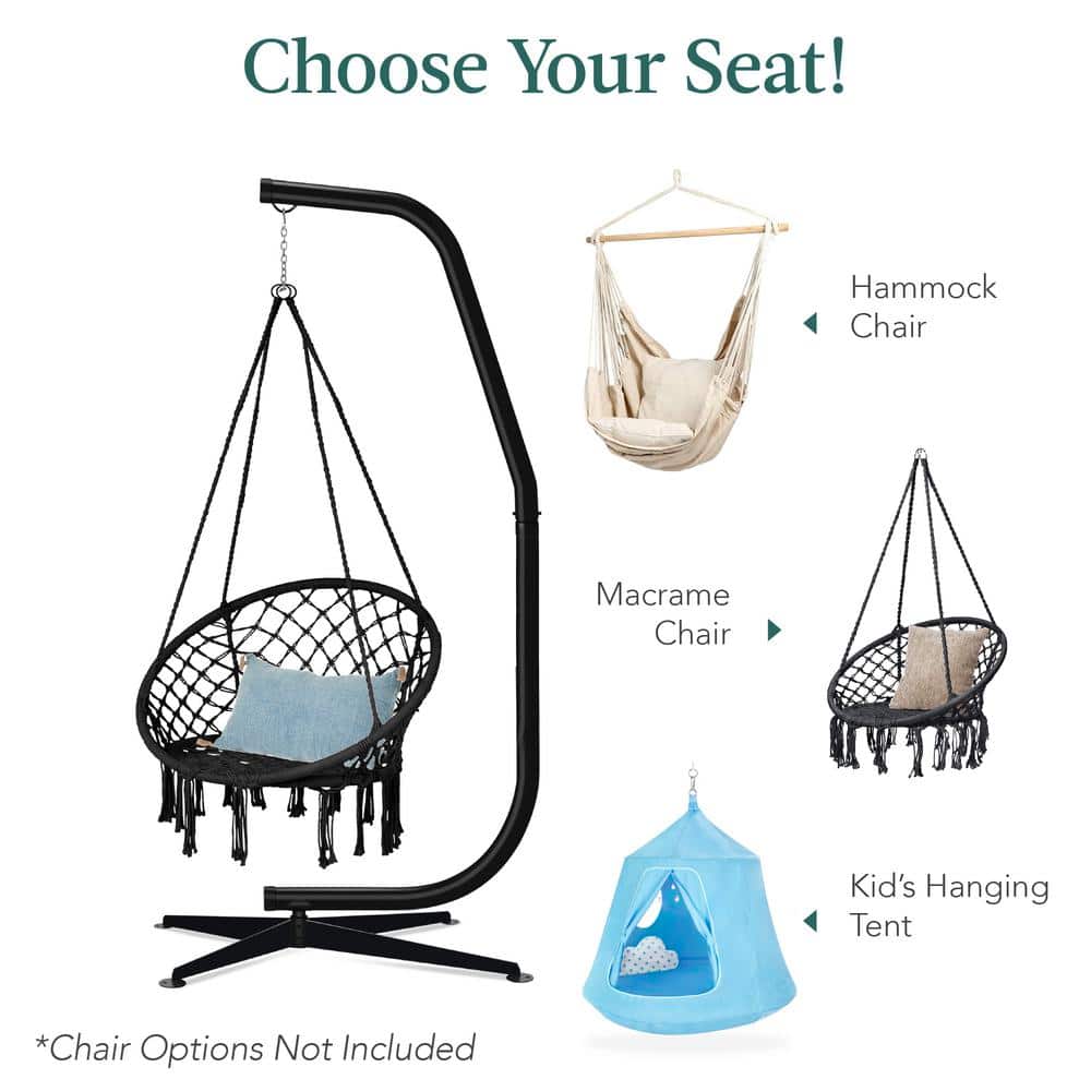 Black Powder-Coated Steel Hanging Hammock C-Stand with Offset Base