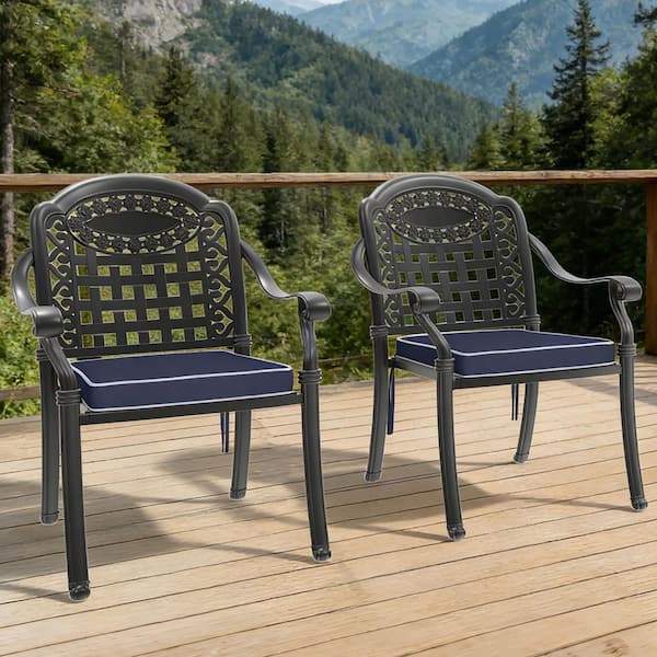 Black Cast Aluminum Patio Dining Chair With Blue Cushions (2-Pack)