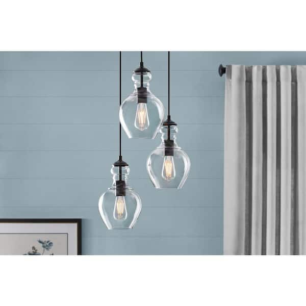 Home Decorators Collection Bakerston 3-Light Matte Black Hanging Pendant with Clear Glass Shades