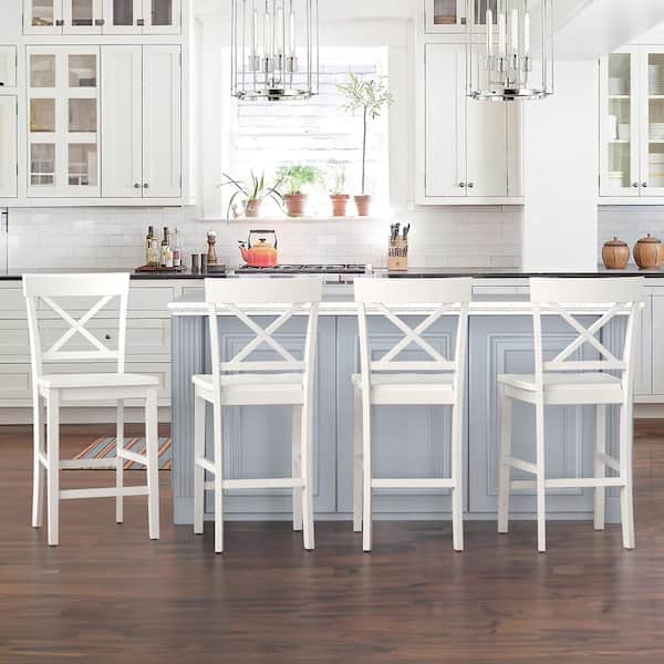 24 in. White Wood Bar Stool, Counter Chair (Set of 6)