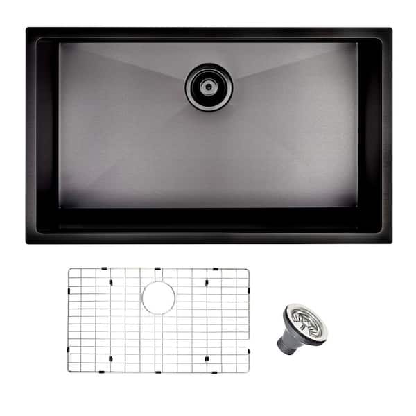 YASINU Matte Black 18-Gauge Stainless Steel 30 in. Single Bowl Undermount Kitchen Sink with Bottom Grid
