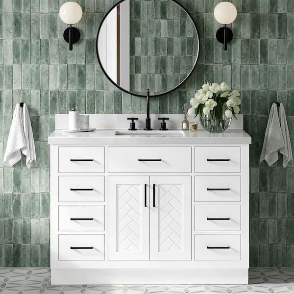 Herringbone 48 in. Single Sink Freestanding Bath Vanity in White with and Pure Quartz Top