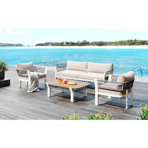 Modern 5-Piece Multi-Functional Metal Outdoor Patio Conversation Set with Beige Cushions and Coffee Table