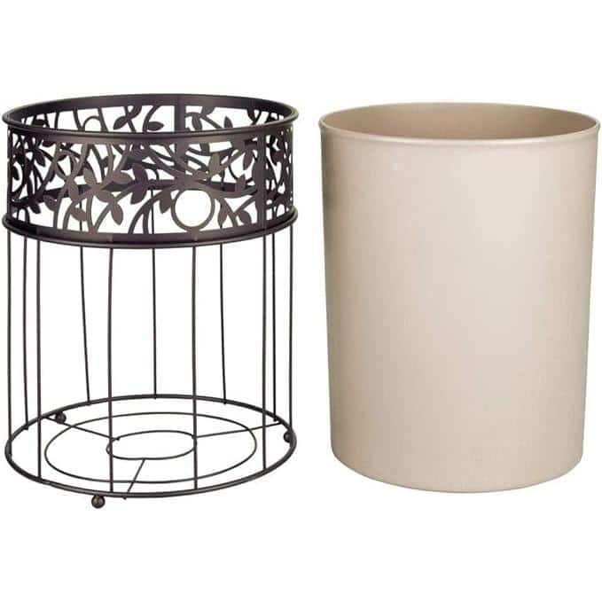 Vanilla and Bronze Metal Wastebasket with Vine Design