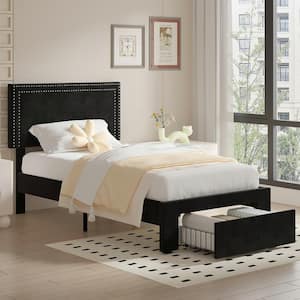 Platform Bed Frame Black Metal Frame Twin Size Platform Bed with 1 Storage Drawer, Upholstered bed with Headboard