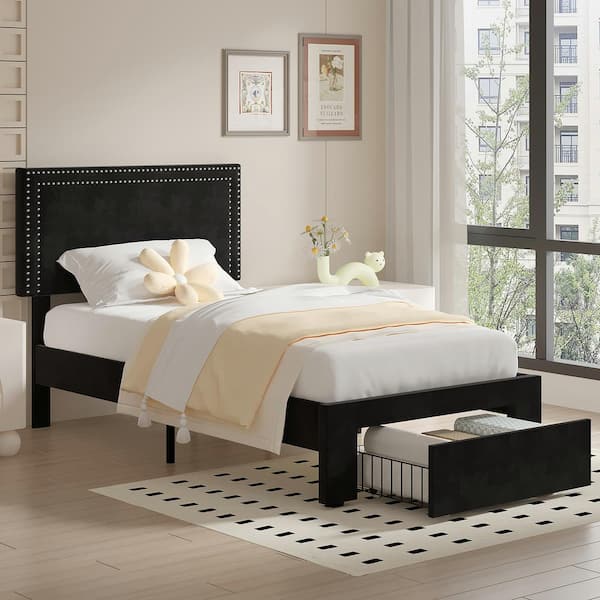 VECELO Platform Bed Frame Black Metal Frame Twin Size Platform Bed with 1 Storage Drawer, Upholstered bed with Headboard