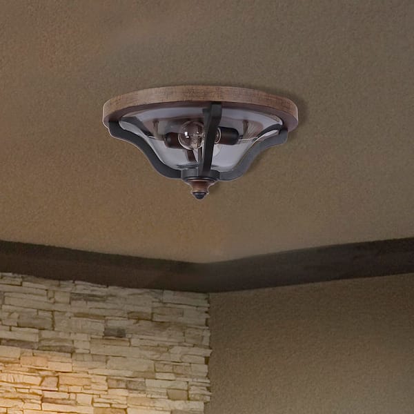 1 Light Black Finish 16.13 in. Sand Cast Aluminum Outdoor Flush Mount Light w/ Hand-Carved Wood Accents and Clear Glass
