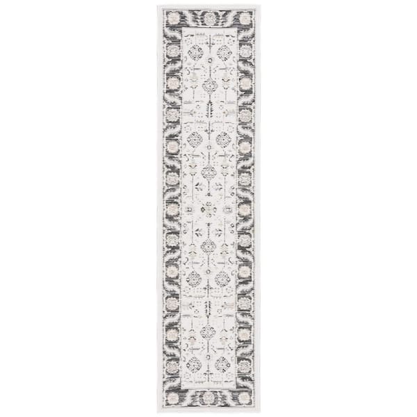 SAFAVIEH Sunrise Ivory/Gray Black 2 ft. x 8 ft. Ornate Border Reversible Indoor/Outdoor Runner Rug
