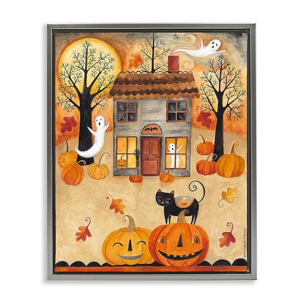 Stupell Industries Ghost on Halloween Night by Bernadette Deming 1-Piece Floater Frame Graphic Print Architecture Art Print 21 in. x 17 in.