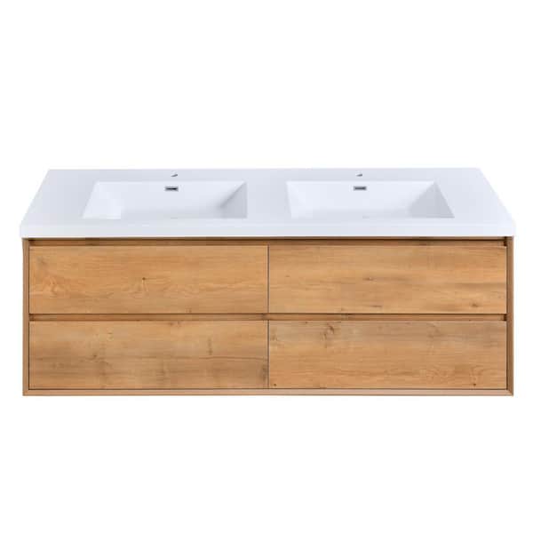 MinimalGrace 72 in. Double Sink Floating Oak Bath Vanity with White Resin Top