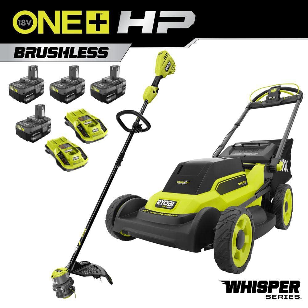 RYOBI ONE+18V HP Brushless Whisper Series 20" Walk Behind Self-Propelled Dual Blade Lawn Mower - Trimmer/Batteries/Chargers