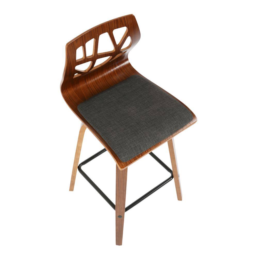 Charcoal Gray Swivel Counter Stool with Walnut Wood Frame