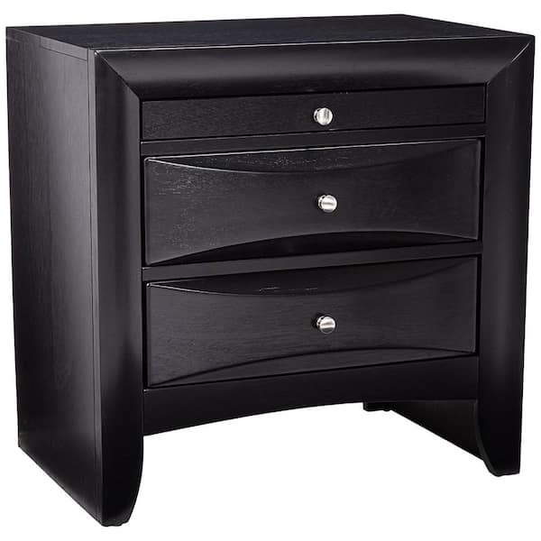Benjara Wooden 2-Drawer Black Nightstand with Tray