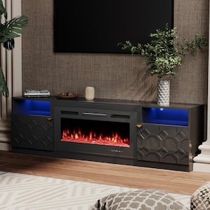 70 in. W Adjustable Shelf Black TV Stand with 2-Light Bars and 36 in. Fireplace