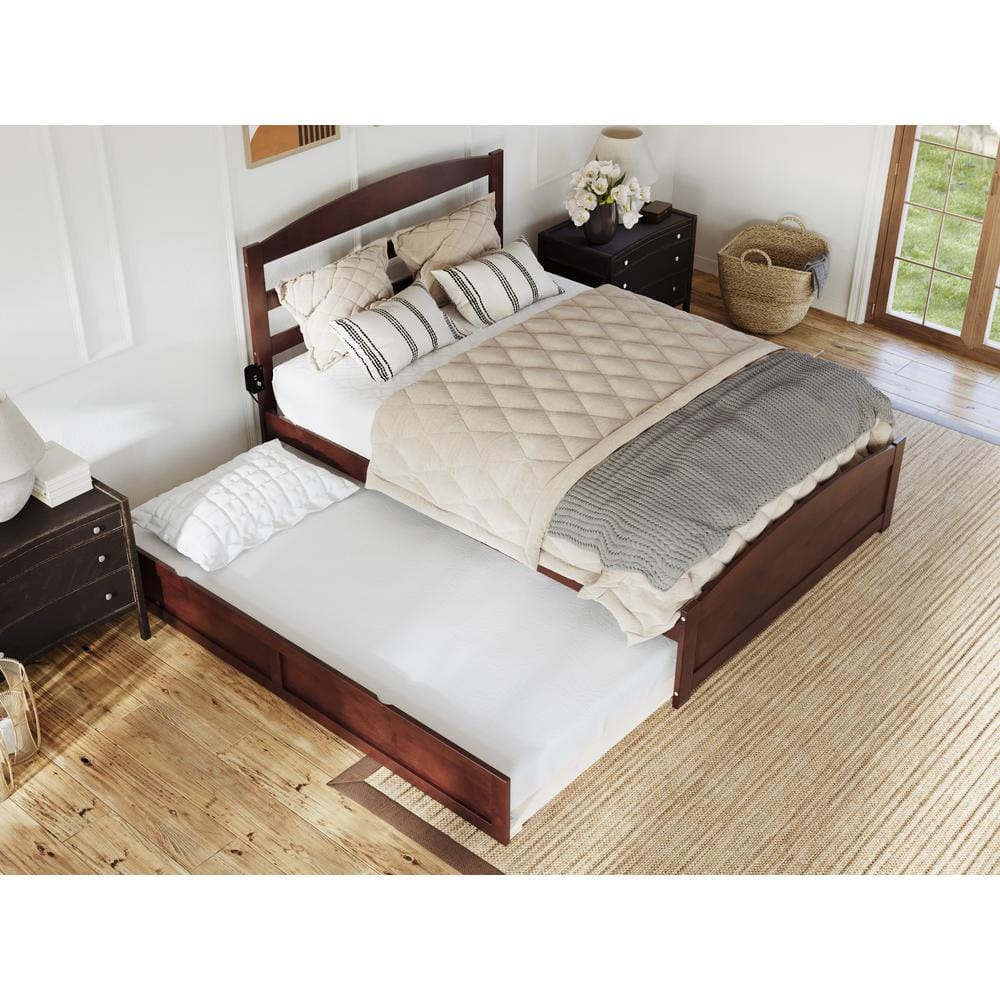 Walnut Full Platform Bed with Trundle and Slatted Headboard