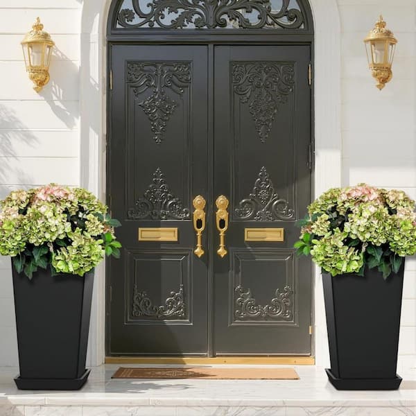 2-Piece Black Plastic Weather-Resistant Tall Planter (10 in. W x