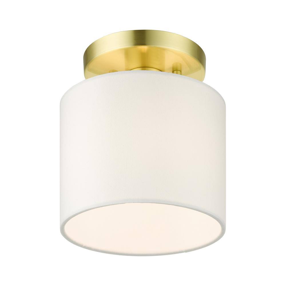 Meridian Petite Satin Brass Semi-Flush Mount with Off-White Drum Shade