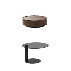 35.4 in. Coffee Brown Round MDF Top Coffee Table with Gray Tempered Glass Coffee Table