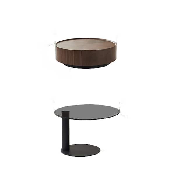 JASIWAY 35.4 in. Coffee Brown Round MDF Top Coffee Table with Gray Tempered Glass Coffee Table