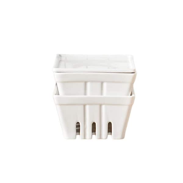 2 Piece White 5 in. Ceramic Fruit Basket with Lids, Stoneware Harvest Bowls, Made from High-Fired Porcelain