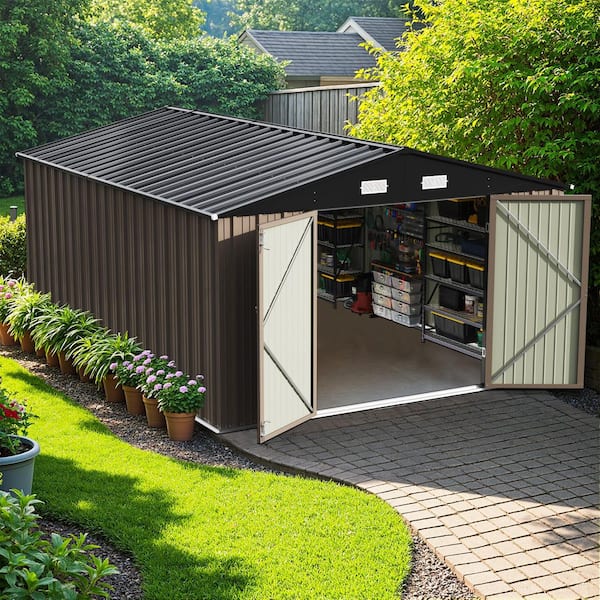 10 ft. W x 14 ft. D Outdoor Storage Metal Shed with Double Hinged Large Door, Brown(140 sq. ft. )