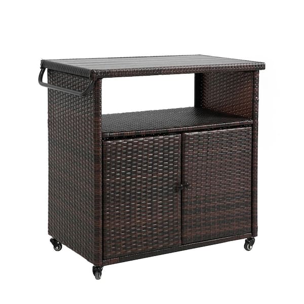 HOMEFUN Outdoor Rolling Brown Wicker Ratten Patio Serving Bar Cart with Wood Top Table and Wheels