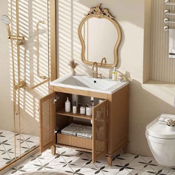 30 in. W Single Sink Bath Vanity in Brown with White Resin Top, Bathroom Storage Cabinet with Hidden Drawer