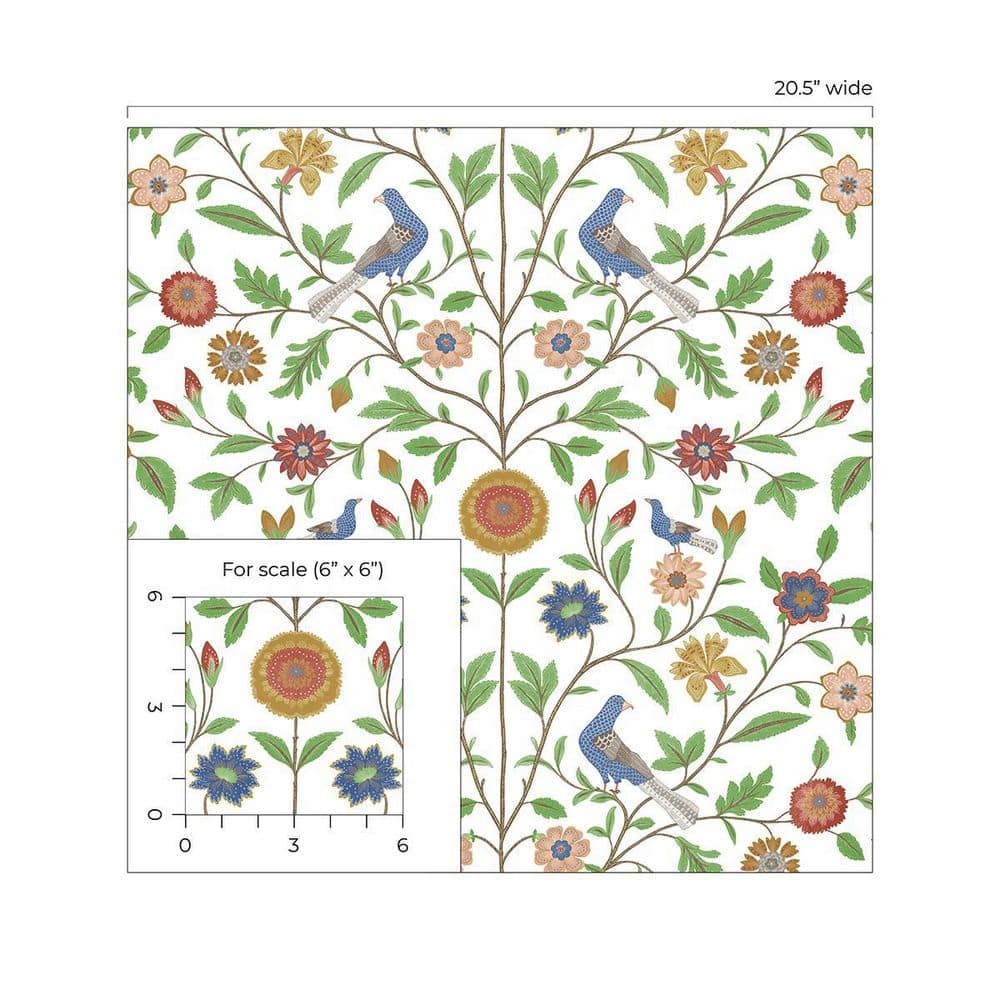 White and Multicolor Bird Toile Vinyl Peel and Stick Wallpaper Roll