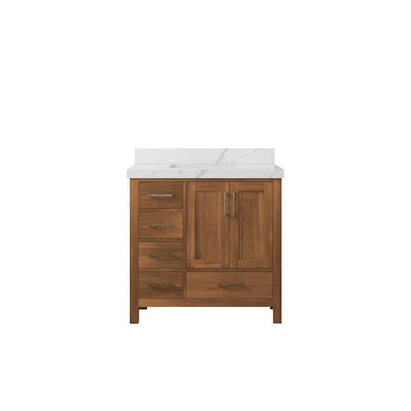 Willow Collections Malibu Teak 36 in. W x 22 in. D x 36 in. H Single Sink Bath Vanity Center in Gold Teak with 2" Calacatta Quartz Top
