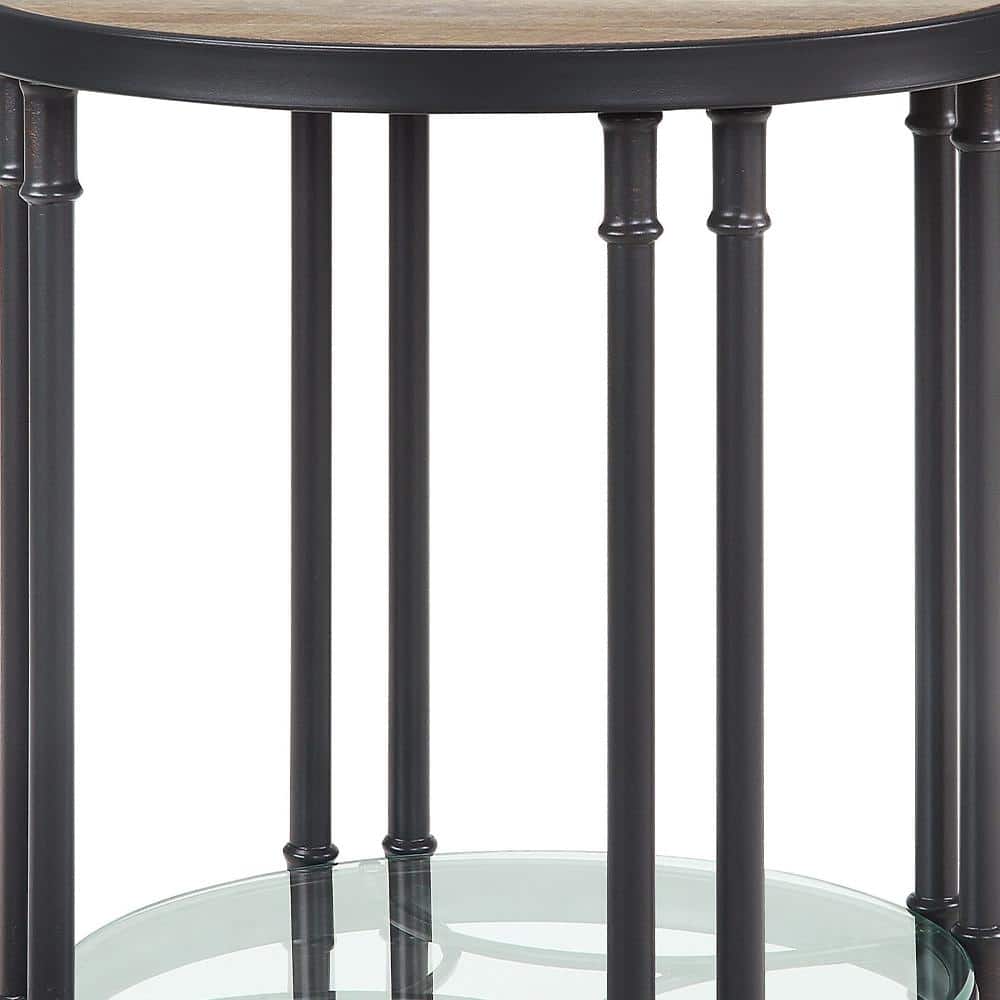Modern Farmhouse Round Oak & Sandy Black End Table with Glass Shelf